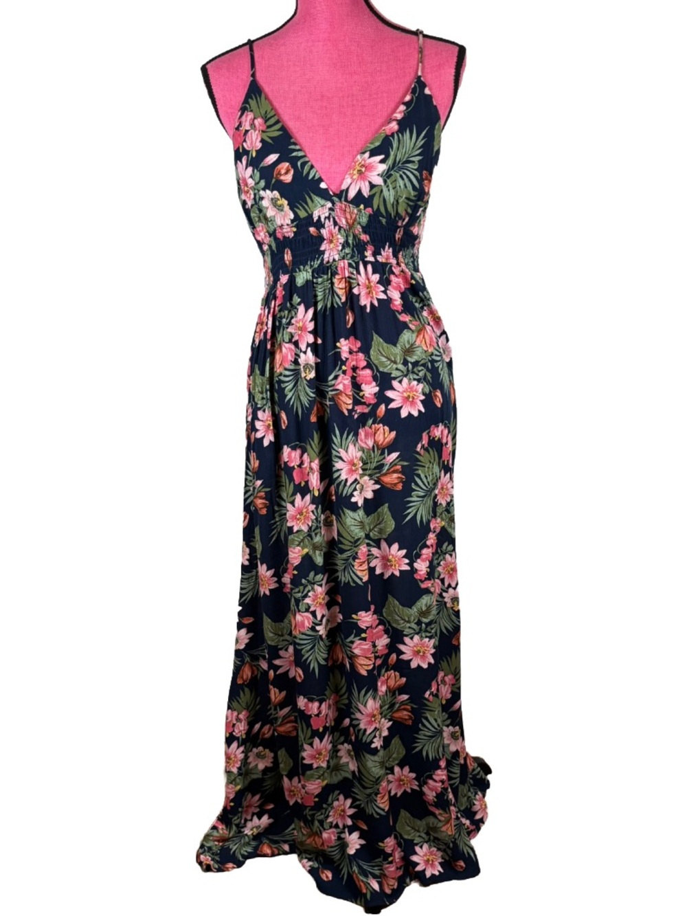 Ambiance Maxi Dress L Navy Pink Floral V-Neck Tropical Boho Island Resort Wear